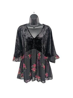 Velvet Floral Mesh Babydoll Top Tunic Romantic Whimsigoth Festival Y2K Size L